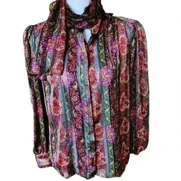 Ladies long sleeve silky blouse Size 10 small shoulder pads festive Mardi Gras! - Picture 1 of 8
